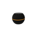 The Shelly USA Shelly H&T Black, a compact spherical black wireless device with an orange ring, sits on a white background and doubles as a Wi-Fi-operated home humidity monitor and temperature sensor.