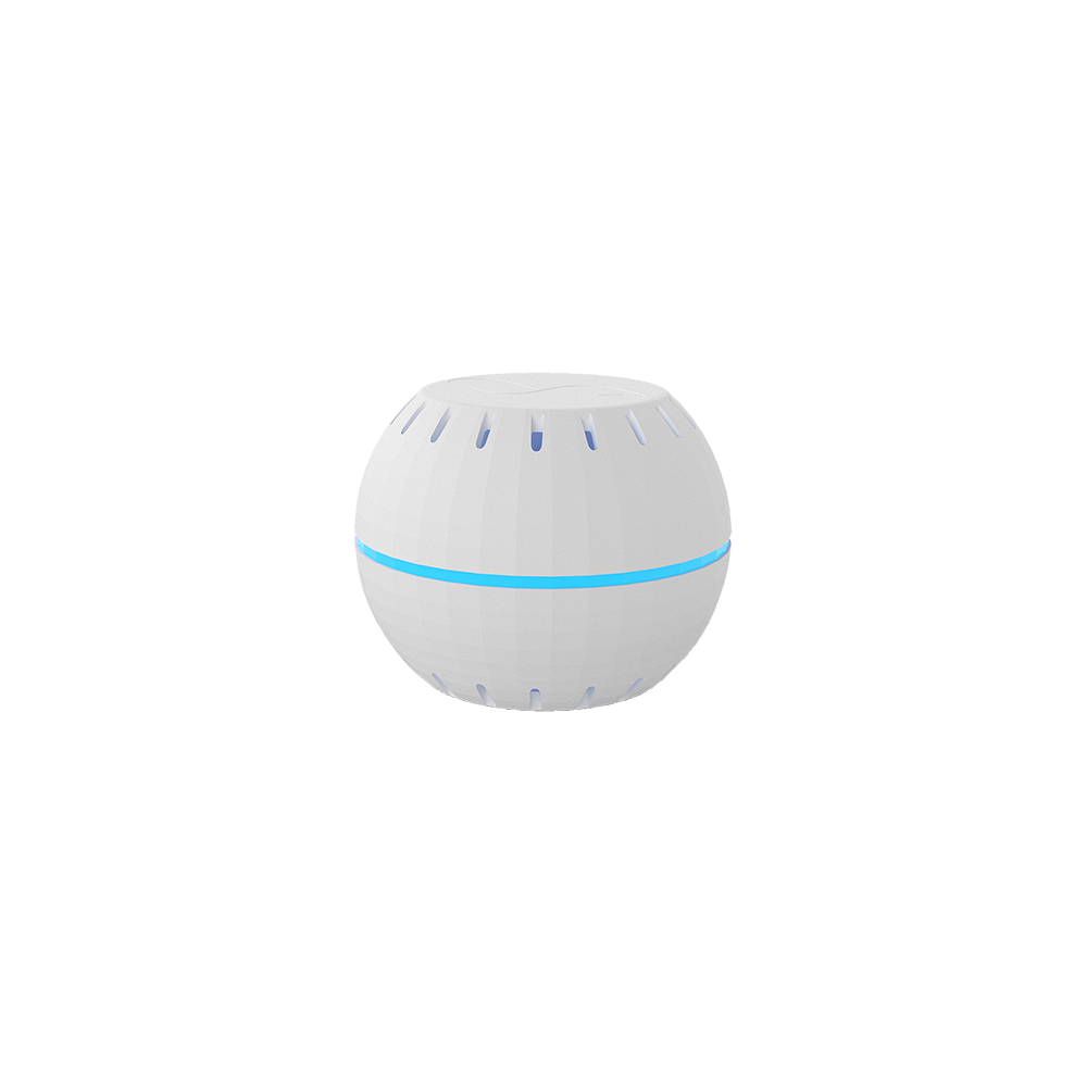 The Shelly H&T White by Shelly USA is a white, spherical Wi-Fi humidity monitor with vertical grooves, a blue LED ring, and ventilation slits, shown against a plain white background.