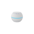 The Shelly H&T White by Shelly USA is a white, spherical Wi-Fi humidity monitor with vertical grooves, a blue LED ring, and ventilation slits, shown against a plain white background.