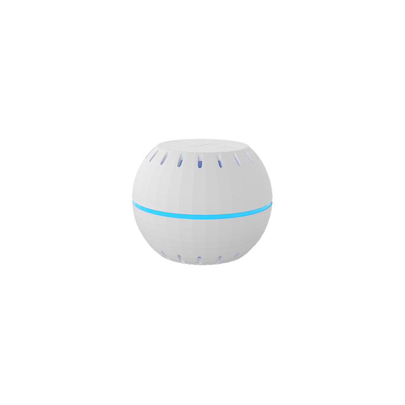 The Shelly H&T White by Shelly USA is a white, spherical Wi-Fi humidity monitor with vertical grooves, a blue LED ring, and ventilation slits, shown against a plain white background.