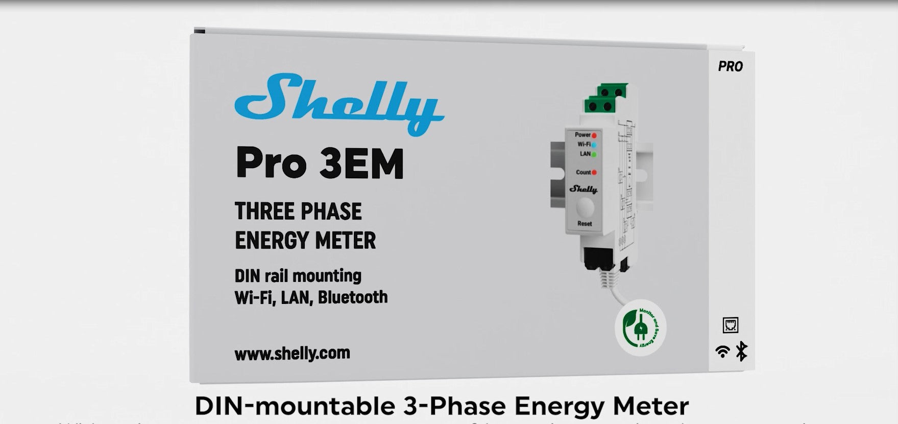 Box for Shelly Pro 3EM Three Phase Energy Meter, showing the device on the right. Text highlights DIN rail mounting, Wi-Fi, LAN, Bluetooth compatibility, and the website www.shelly.com.