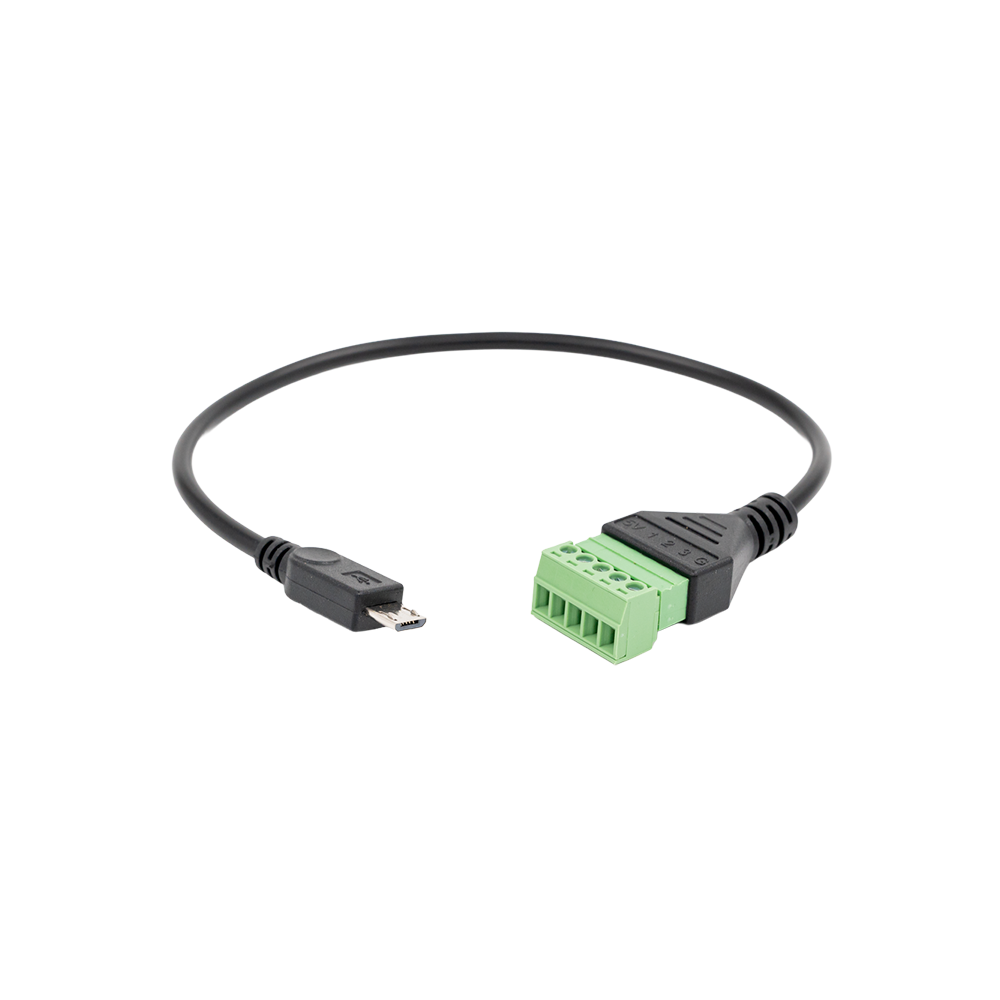 The Shelly USA Micro USB to 5 Terminal Add (Shelly Pill) is a black cable with a micro USB connector on one end and a green screw terminal block on the other, shown on a plain white background.