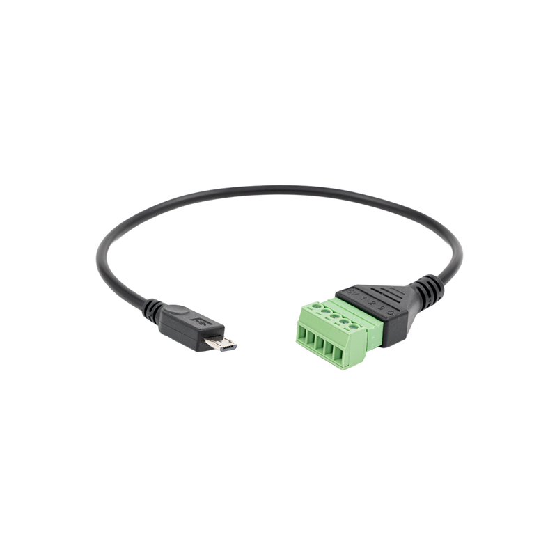 The Shelly USA Micro USB to 5 Terminal Add (Shelly Pill) is a black cable with a micro USB connector on one end and a green screw terminal block on the other, shown on a plain white background.