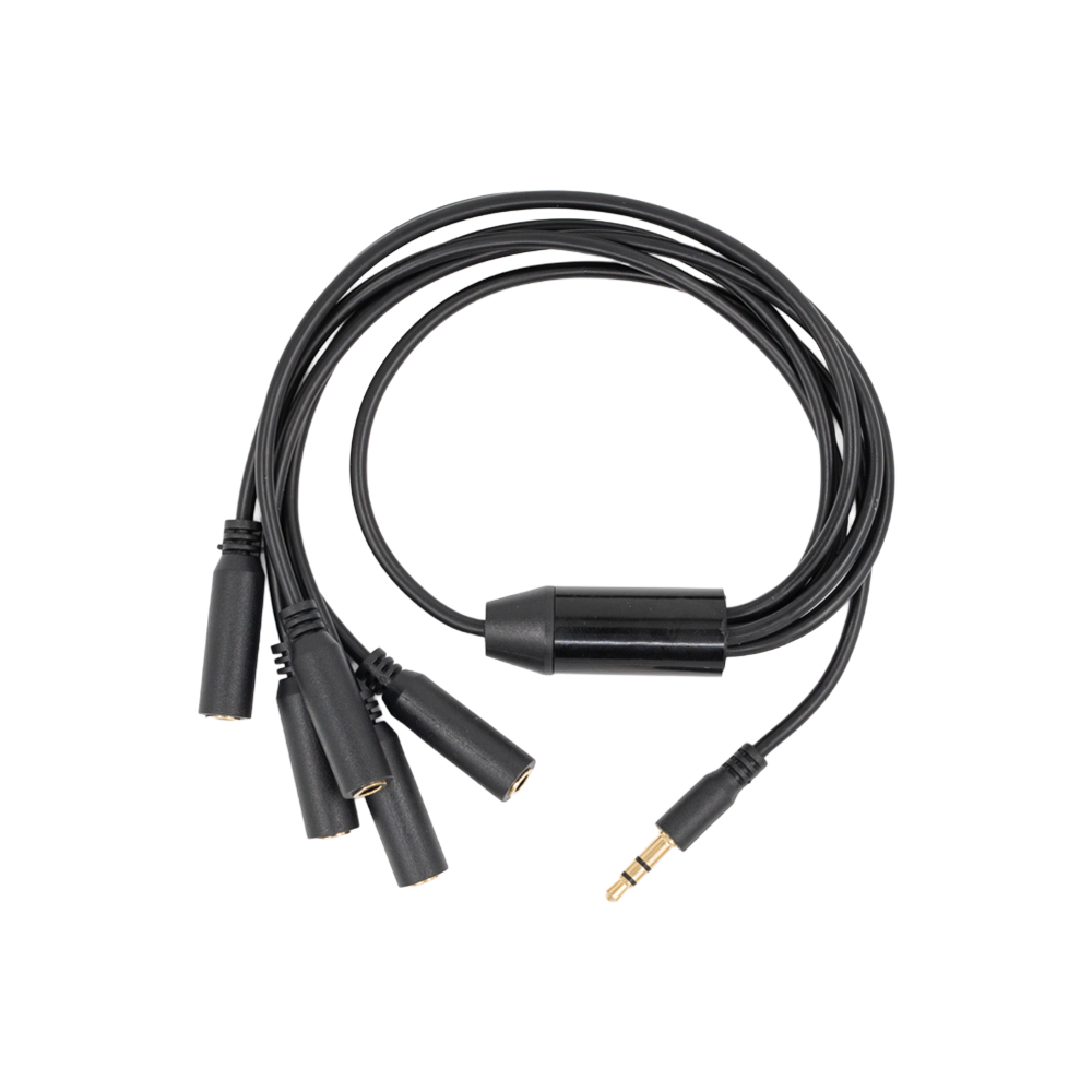The Shelly USA Splitter 1 to 5-3.5 mm Jack (Shelly Pill) is a black audio cable with one male and four female 3.5mm ports, shown coiled in a loose loop against a white background.
