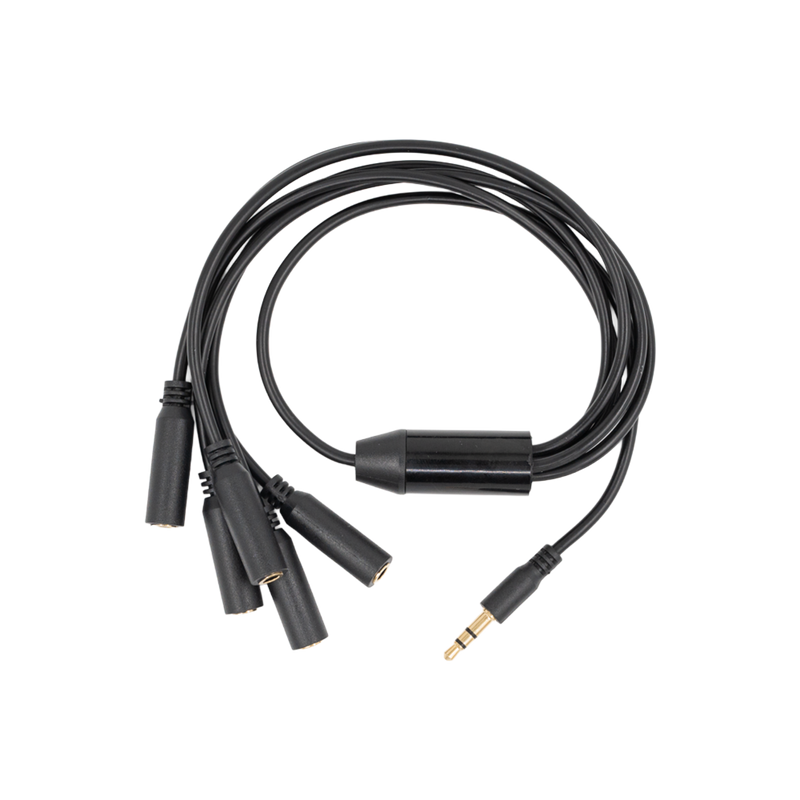 The Shelly USA Splitter 1 to 5-3.5 mm Jack (Shelly Pill) is a black audio cable with one male and four female 3.5mm ports, shown coiled in a loose loop against a white background.