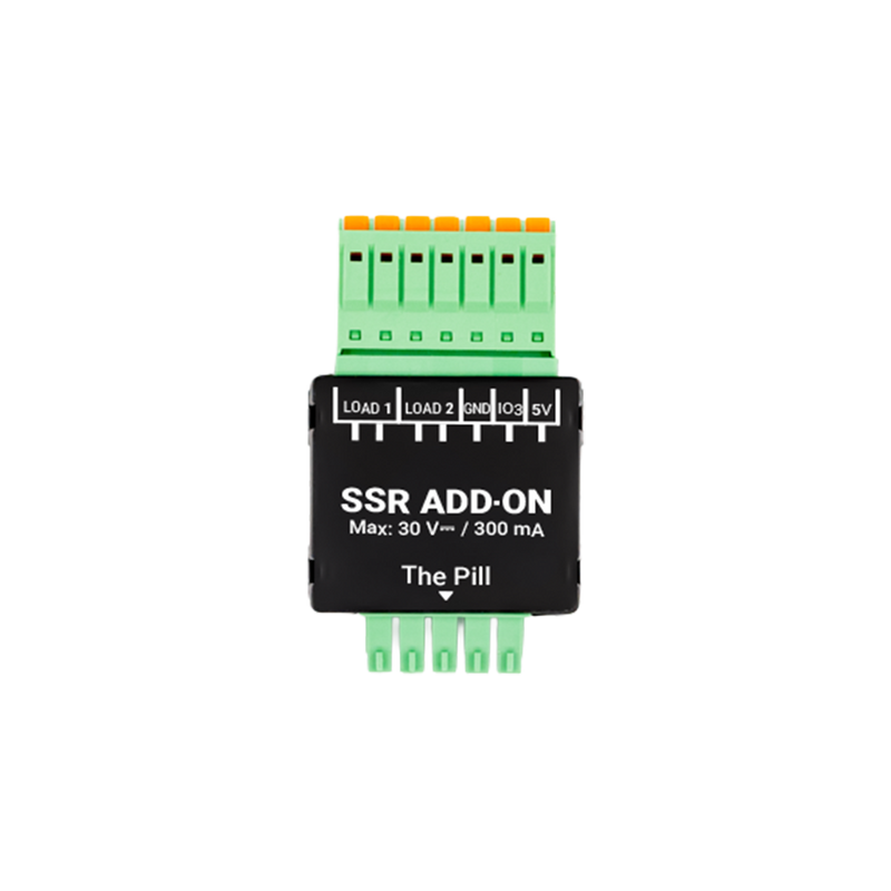 A black and green SSR Add-on (Shelly Pill) electronic module by Shelly USA, labeled Max: 30 V–/300 mA, with terminal connectors on top and bottom, shown against a white background.