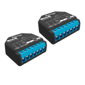 Two Shelly USA Shelly Plus 2PM smart relay modules in black and blue, featuring labeled connection terminals for wiring and voltage details, with support for energy monitoring—all on a white background.