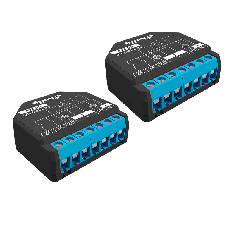 Two Shelly USA Shelly Plus 2PM x2 smart relay switches, black and blue, are displayed on a white background. Each device has labeled wiring terminals and printed diagrams on its top for easy home automation setup.
