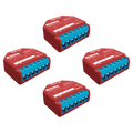 Four Shelly Plus 1PM Non-UL x4 smart relay connectors are arranged on a white background, featuring blue terminal ports and white labeling on top in a scattered pattern.