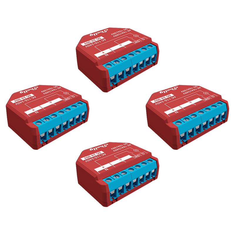 Four Shelly Plus 1PM Non-UL x4 smart relay connectors are arranged on a white background, featuring blue terminal ports and white labeling on top in a scattered pattern.