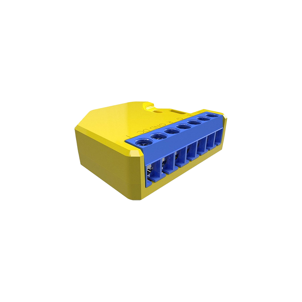 The Shelly RGBW2 from Shelly USA is a yellow and blue terminal block with six wire ports, perfect for connecting LED smart strips or use in a smart home Wi-Fi relay system, shown against a plain white background.