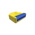 The Shelly RGBW2 from Shelly USA is a yellow and blue terminal block with six wire ports, perfect for connecting LED smart strips or use in a smart home Wi-Fi relay system, shown against a plain white background.
