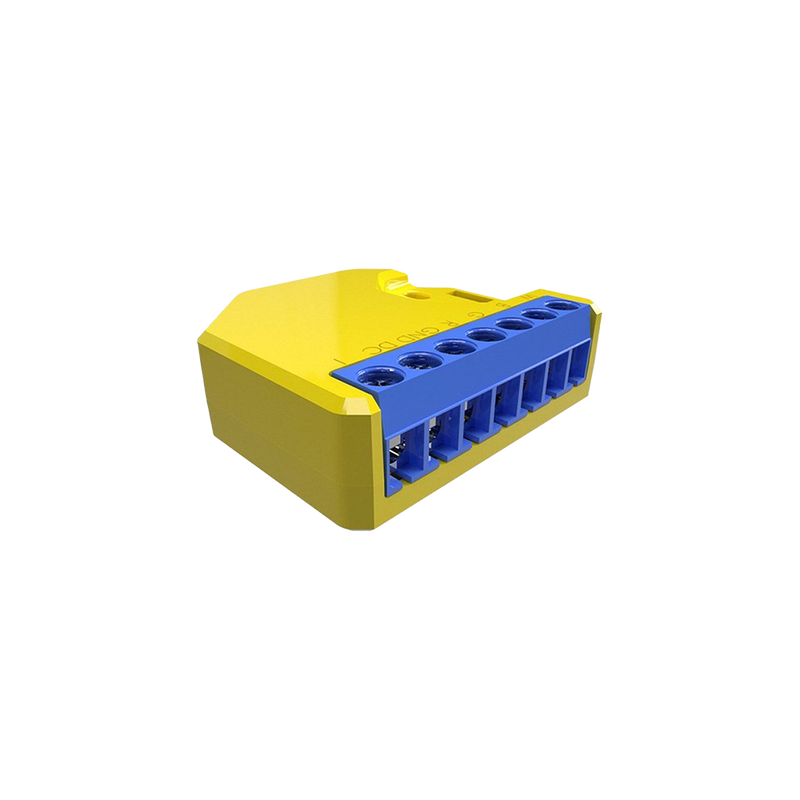 The Shelly RGBW2 from Shelly USA is a yellow and blue terminal block with six wire ports, perfect for connecting LED smart strips or use in a smart home Wi-Fi relay system, shown against a plain white background.