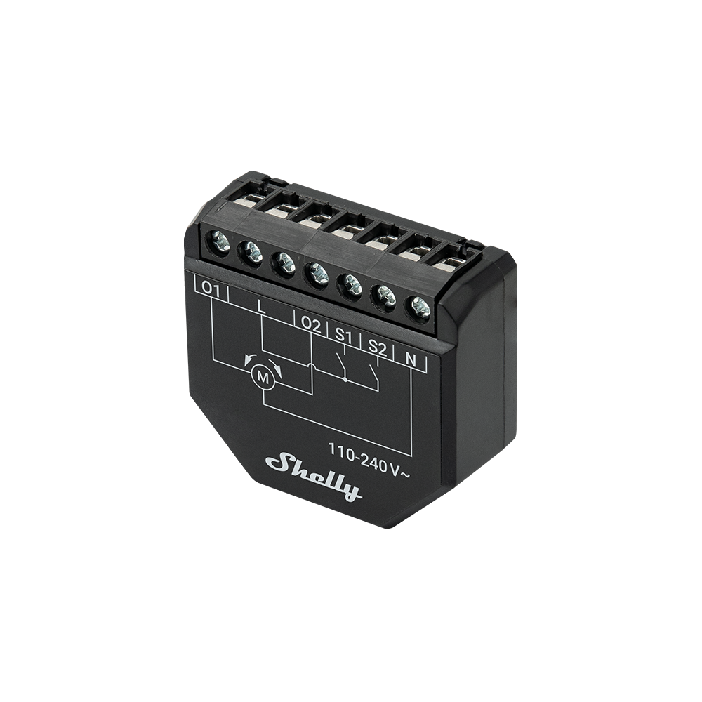 A Shelly USA Shelly Shutter + BLU Button Tough1 Pack, a black relay device with six top screw terminals (O1, O2, S1, S2, N, L), 110-240V~, and a printed wiring diagram on the front.