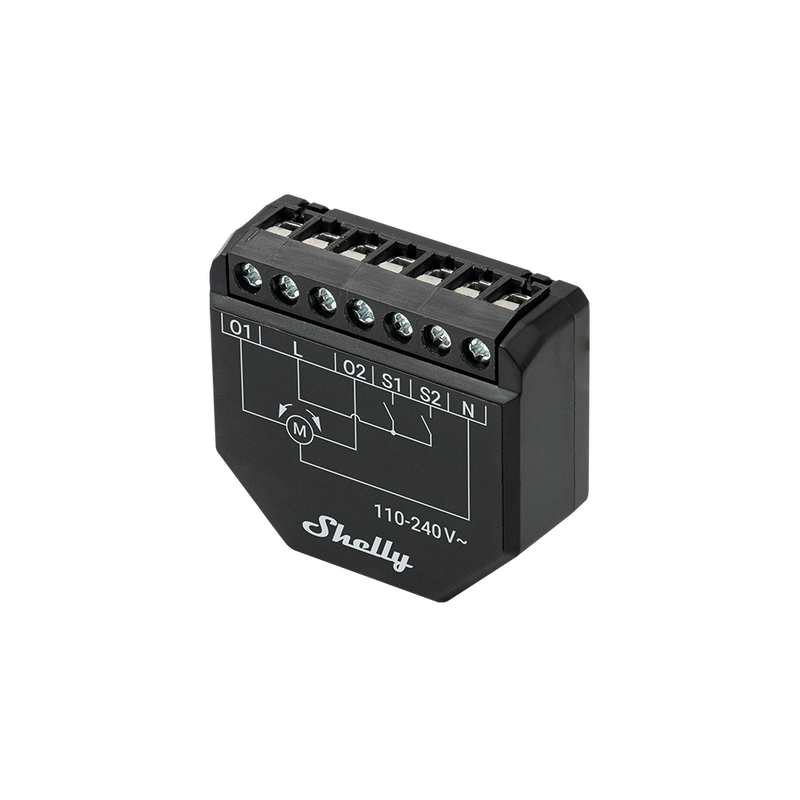 A Shelly USA Shelly Shutter + BLU Button Tough1 Pack, a black relay device with six top screw terminals (O1, O2, S1, S2, N, L), 110-240V~, and a printed wiring diagram on the front.