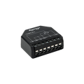 The Shelly Shutter + BLU Button Tough1 Pack by Shelly USA is a black relay module with six terminal connectors and a wiring diagram on top, marked with voltages and symbols, shown against a plain white background.