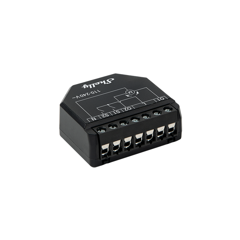 The Shelly Shutter + BLU Button Tough1 Pack by Shelly USA is a black relay module with six terminal connectors and a wiring diagram on top, marked with voltages and symbols, shown against a plain white background.