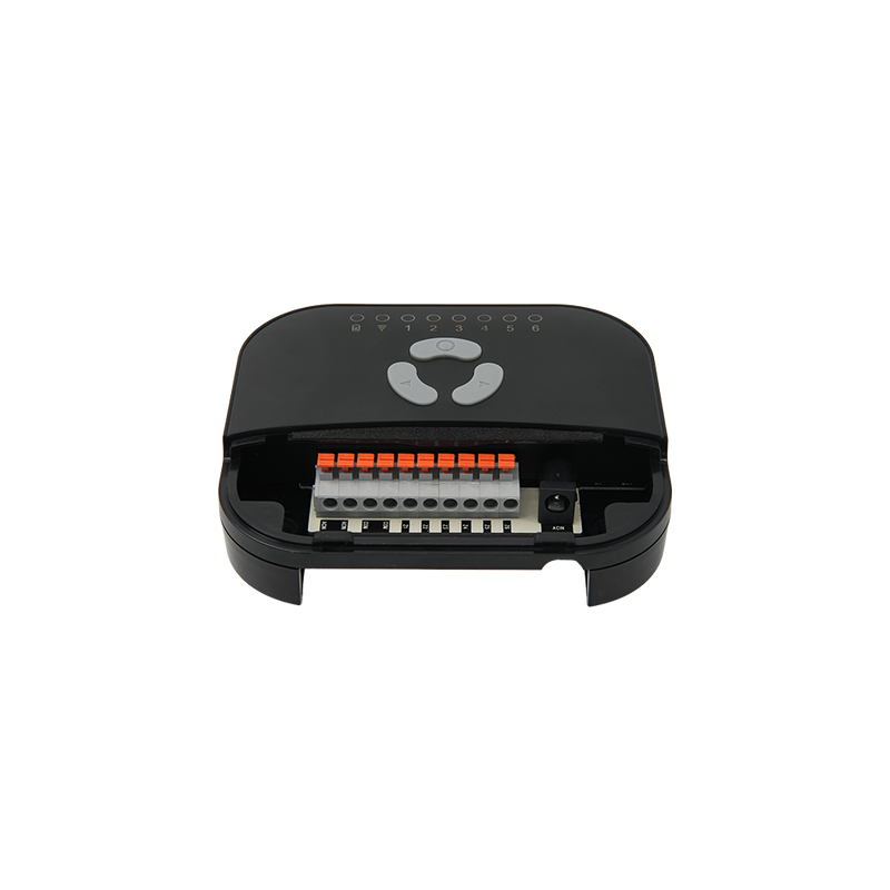 The FrankEver Sprinkler Controller FK-06X by Shelly USA is a black device with a curved top and multiple buttons, showing an orange and gray terminal block inside an open compartment, displayed against a plain white background.