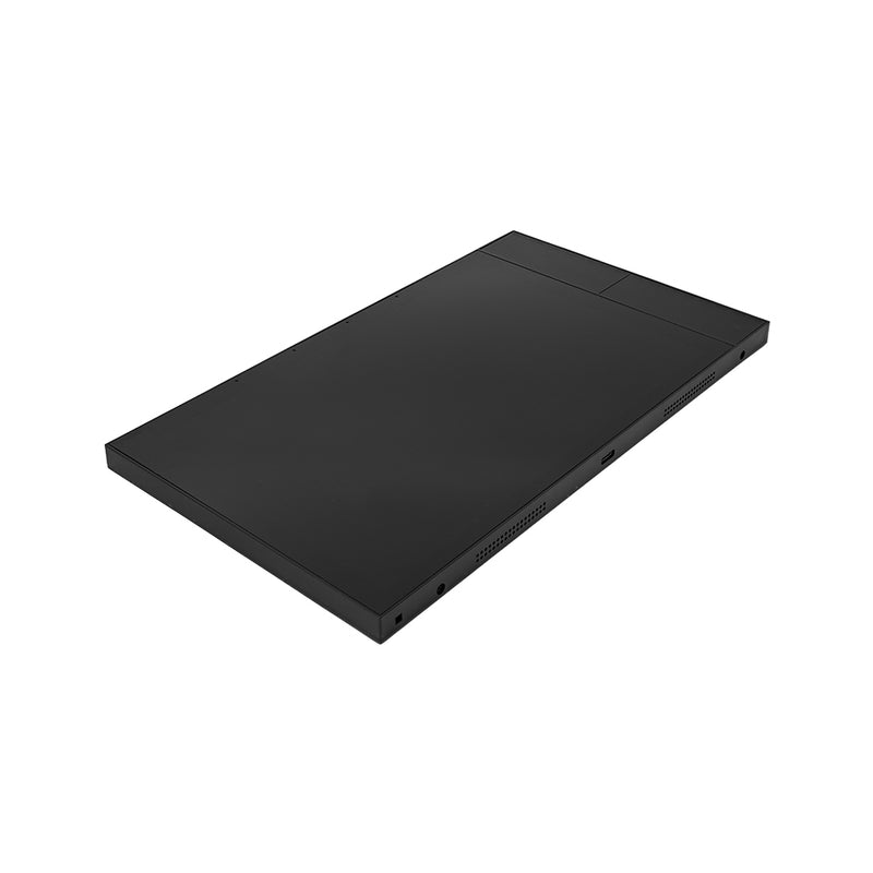 The Shelly Wall Display XL Black is a slim, rectangular 10.1-inch touchscreen control panel with rounded edges and a smooth, minimalistic surface; ports and vents line the sides, making it ideal for in-wall smart home management.