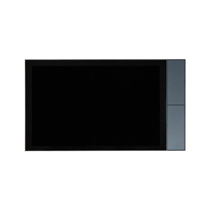 The Shelly Wall Display XL Grey, a rectangular smart home control panel in black and gray with a large dark glass screen on the left, is shown against a plain white background.