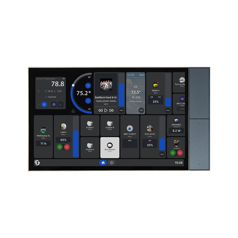 The Shelly Wall Display XL from Shelly USA is a smart home control panel with a touchscreen interface showing temperature, lighting, music, weather, energy usage, and device status.