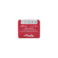 A Shelly USA Shelly Wave 1PM Mini smart relay in red displays labeled terminals (SW, O, L, IN) and white technical specs on the front, shown against a plain white background.