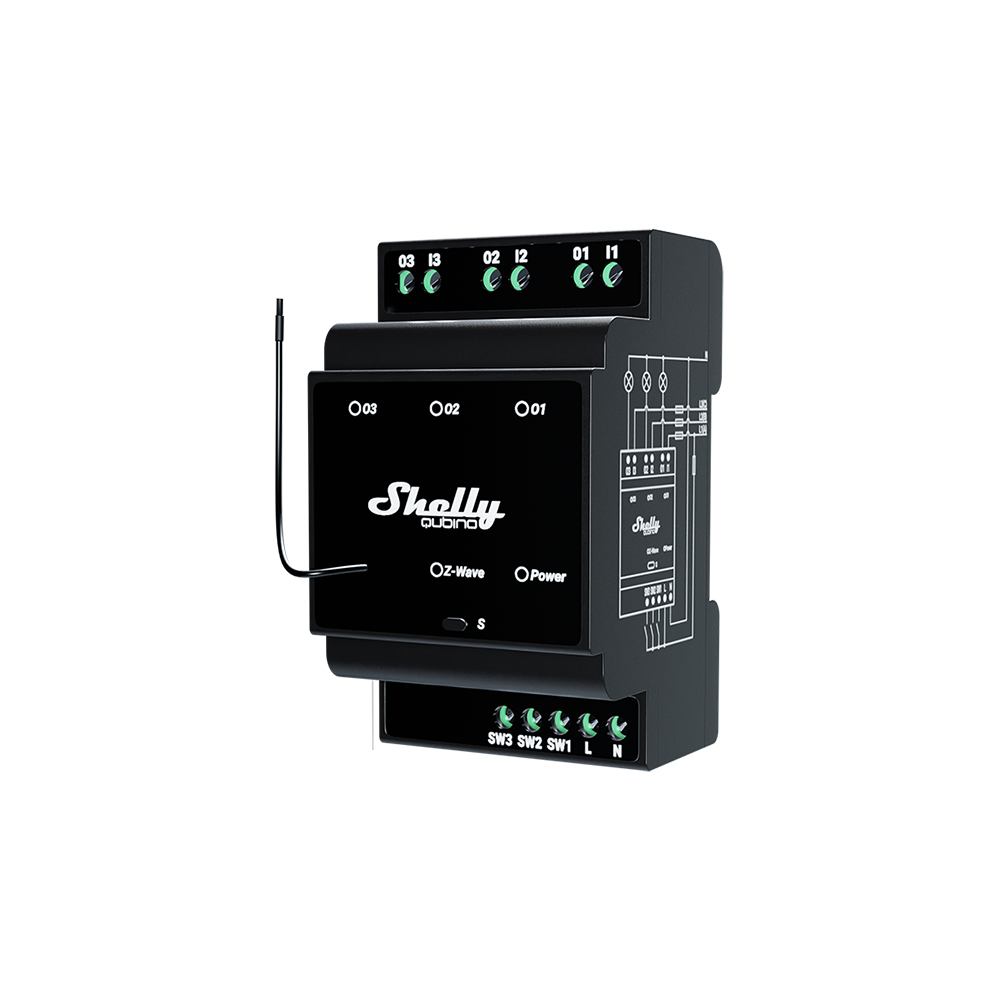 The Shelly USA Shelly Wave Pro 3 is a black Z-Wave smart switch relay with labeled ports, indicator lights, dry contacts, and a wired antenna, designed for DIN rail mounting and easy integration into smart home systems.