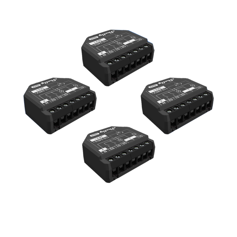 Four Shelly 2PM Gen3 relay modules by Shelly USA, featuring black rectangular designs with beveled edges, labeled terminals, and white printed text, are arranged on a white background. Ideal for smart switch applications with front screw connections.
