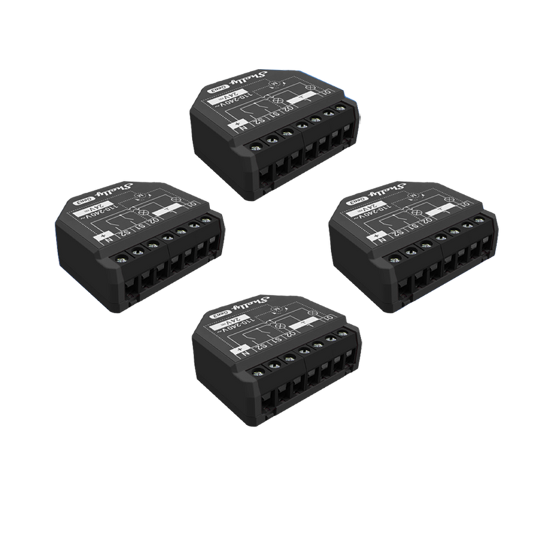Four Shelly 2PM Gen3 relay modules by Shelly USA, featuring black rectangular designs with beveled edges, labeled terminals, and white printed text, are arranged on a white background. Ideal for smart switch applications with front screw connections.
