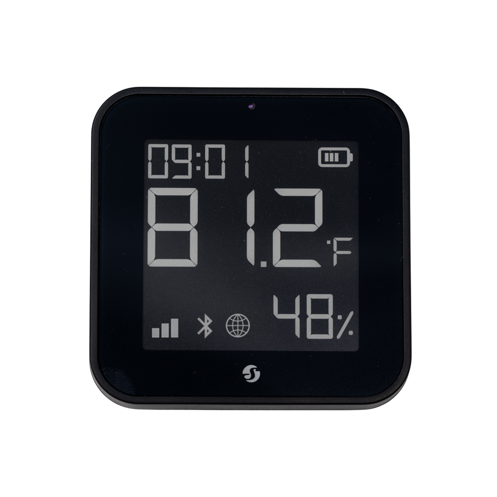 The Shelly BLU H&T Display ZB Black by Shelly USA shows the time (09:01), temperature (81.2°F), and humidity (48%), plus battery, connectivity, and other icons on its black, square screen.