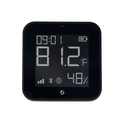 The Shelly BLU H&T Display ZB Black by Shelly USA shows the time (09:01), temperature (81.2°F), and humidity (48%), plus battery, connectivity, and other icons on its black, square screen.