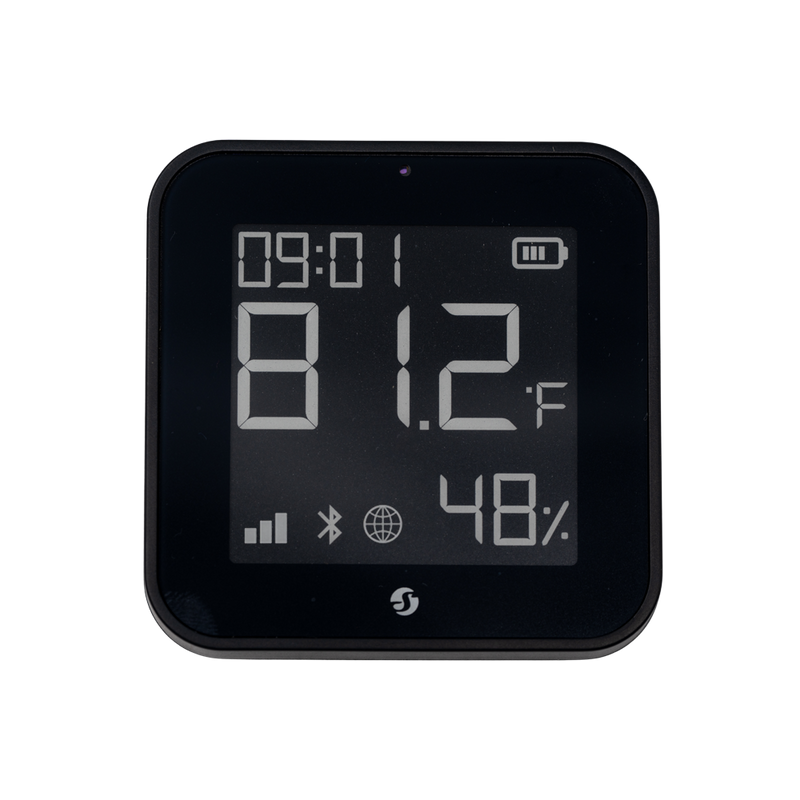 The Shelly BLU H&T Display ZB Black by Shelly USA shows the time (09:01), temperature (81.2°F), and humidity (48%), plus battery, connectivity, and other icons on its black, square screen.