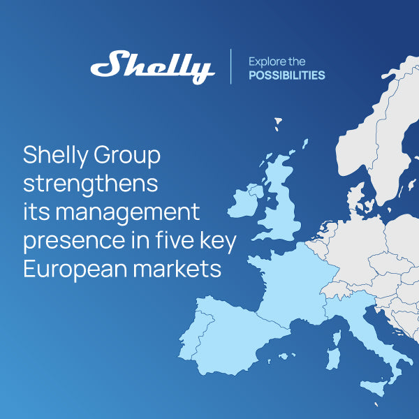 A map of Europe with five countries highlighted in light blue. Text reads: Shelly Group strengthens its management presence in five key European markets. The Shelly logo and Explore the possibilities appear at the top.