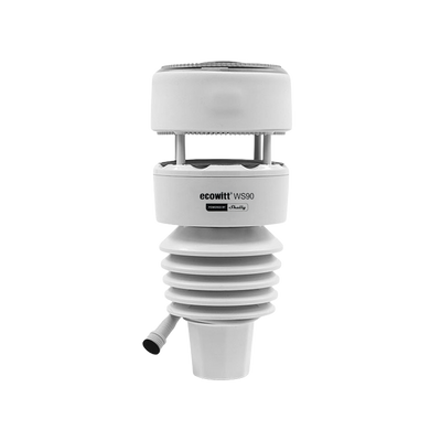 The Shelly USA Ecowitt WS90 - 7-in-1 weather station features a white cylindrical sensor with ventilation slats and a small nozzle at the bottom, displayed against a plain white background.