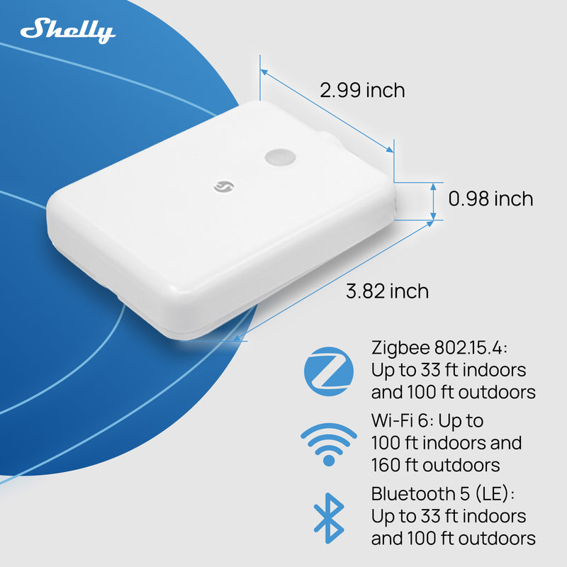 The Shelly Flood Gen4 is a white rectangular smart leak detector (2.99 x 3.82 x 0.98 in) with Zigbee, Wi-Fi 6, and Bluetooth 5 (LE), accented by blue icons and lines—ideal as an indoor/outdoor water leak or rain sensor.