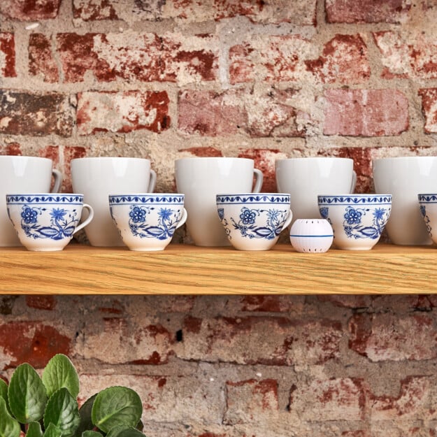 A wooden shelf with white mugs, blue-and-white teacups, and a small potted plant sits against a rustic red brick wall. In the lower left corner is the Shelly H&T White home humidity monitor from Shelly USA.