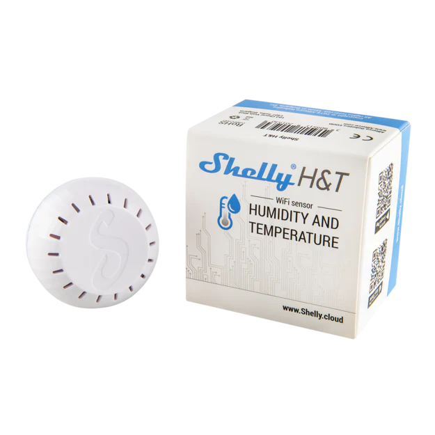 The Shelly H&T White by Shelly USA is displayed on a plain white background beside its white and blue box labeled "Humidity and Temperature.