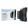 A Shelly Pro 2PM smart relay device is shown next to its box, which highlights features like 2-channel control, DIN rail mounting, Wi-Fi, LAN, Bluetooth, roller shutter support, and power metering.