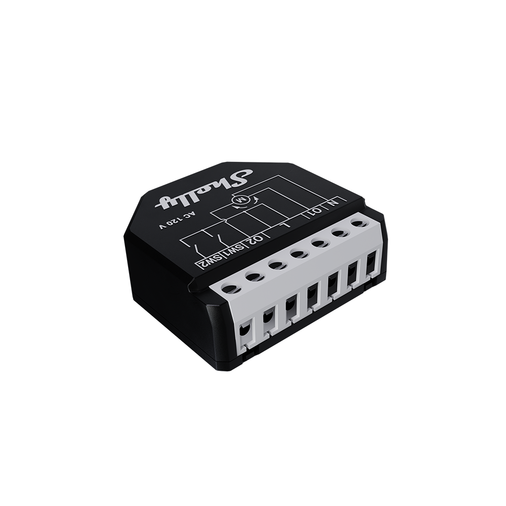 A Shelly USA Shelly Wave Shutter LR smart relay switch module in black and white with wiring terminals, designed for home automation, displayed on a white background.