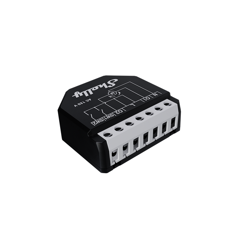 A Shelly USA Shelly Wave Shutter LR smart relay switch module in black and white with wiring terminals, designed for home automation, displayed on a white background.