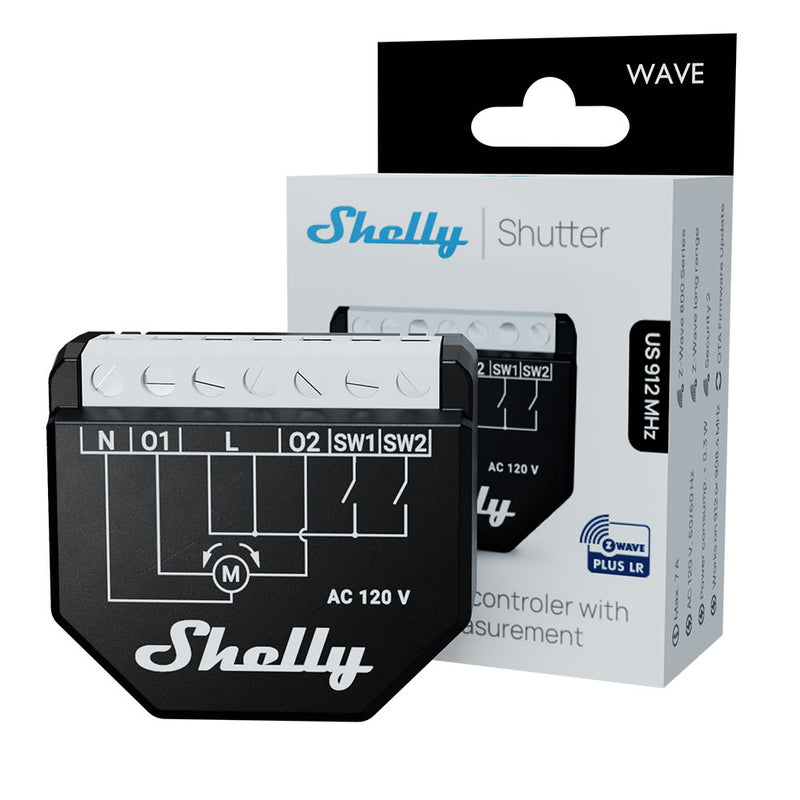 The image shows a Shelly Wave Shutter LR and its box. The black device has wiring terminals and a diagram, while the packaging displays the Shelly USA logo and product details for this shutter controller.