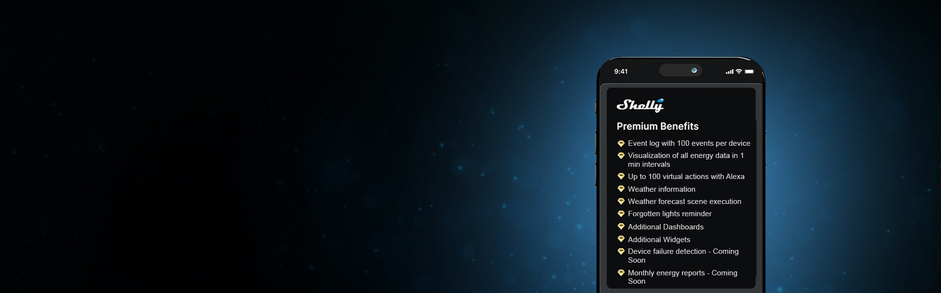A smartphone displays a list of Shelly Premium Benefits on a dark blue gradient background with small glowing dots. The listed benefits include event logging, energy data, Alexa actions, weather info, reminders, widgets, and upcoming features.