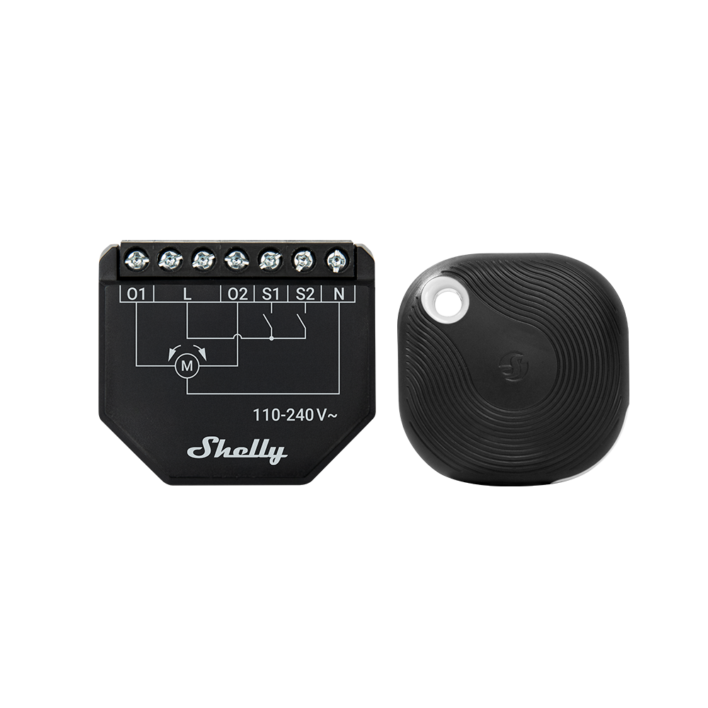 The Shelly USA Shelly Shutter + BLU Button Tough1 Pack includes a black rectangular smart relay with labeled terminals and a small, rounded textured remote with a keychain hole, both displayed on a white background.