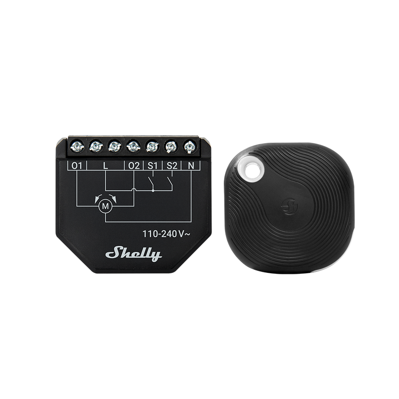 The Shelly USA Shelly Shutter + BLU Button Tough1 Pack includes a black rectangular smart relay with labeled terminals and a small, rounded textured remote with a keychain hole, both displayed on a white background.