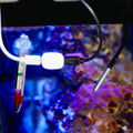 A close-up of the Shelly Europe Shelly Temp. Sensor DS18B20 with 3.5mm jack submerged in water, surrounded by colorful coral and marine life blurred in the background of the aquarium.