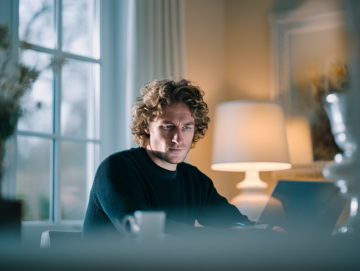A man with curly hair sits indoors at a table, looking at a laptop. Soft natural light comes through a large window, and a lit lamp and cup are visible in the cozy, warmly lit room.