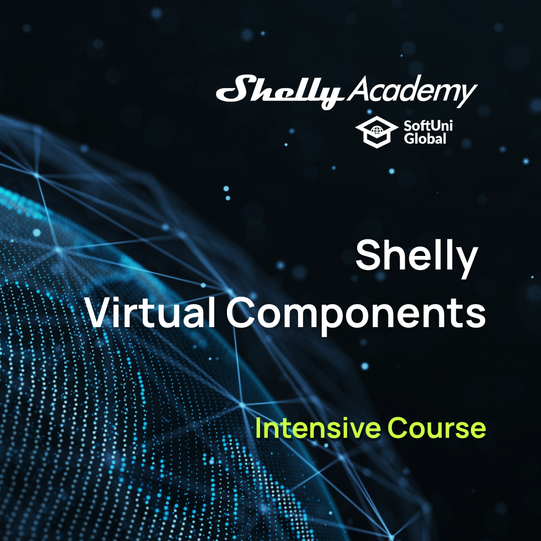 Promotional image for Shelly Europe's Shelly Virtual Components, featuring a digital network graphic on a dark background—ideal for anyone wanting scripting guidance in smart automation.