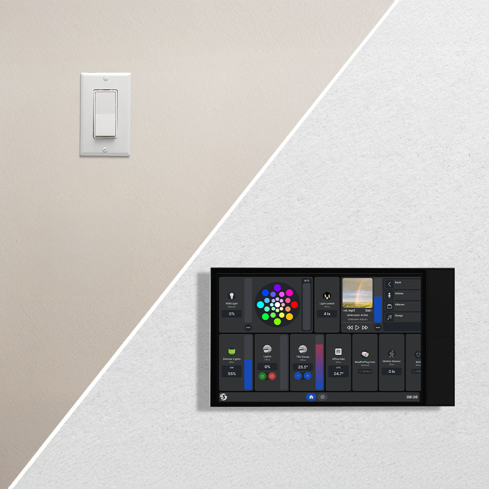 A split image showing a traditional light switch on the left and a modern smart home control panel with various color and lighting options on the right.