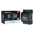 A Shelly USA Wave Pro 3 Z-Wave smart switch relay is displayed beside its box, which shows the product image, brand logo, name, DIN rail mount info, specs, dry contacts details, and a QR code on the side.