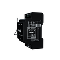 A black Shelly USA Shelly Wave Pro 3 smart relay with white wiring diagrams and labels, featuring dry contacts for versatile control, designed for DIN rail mounting, displayed on a plain white background.